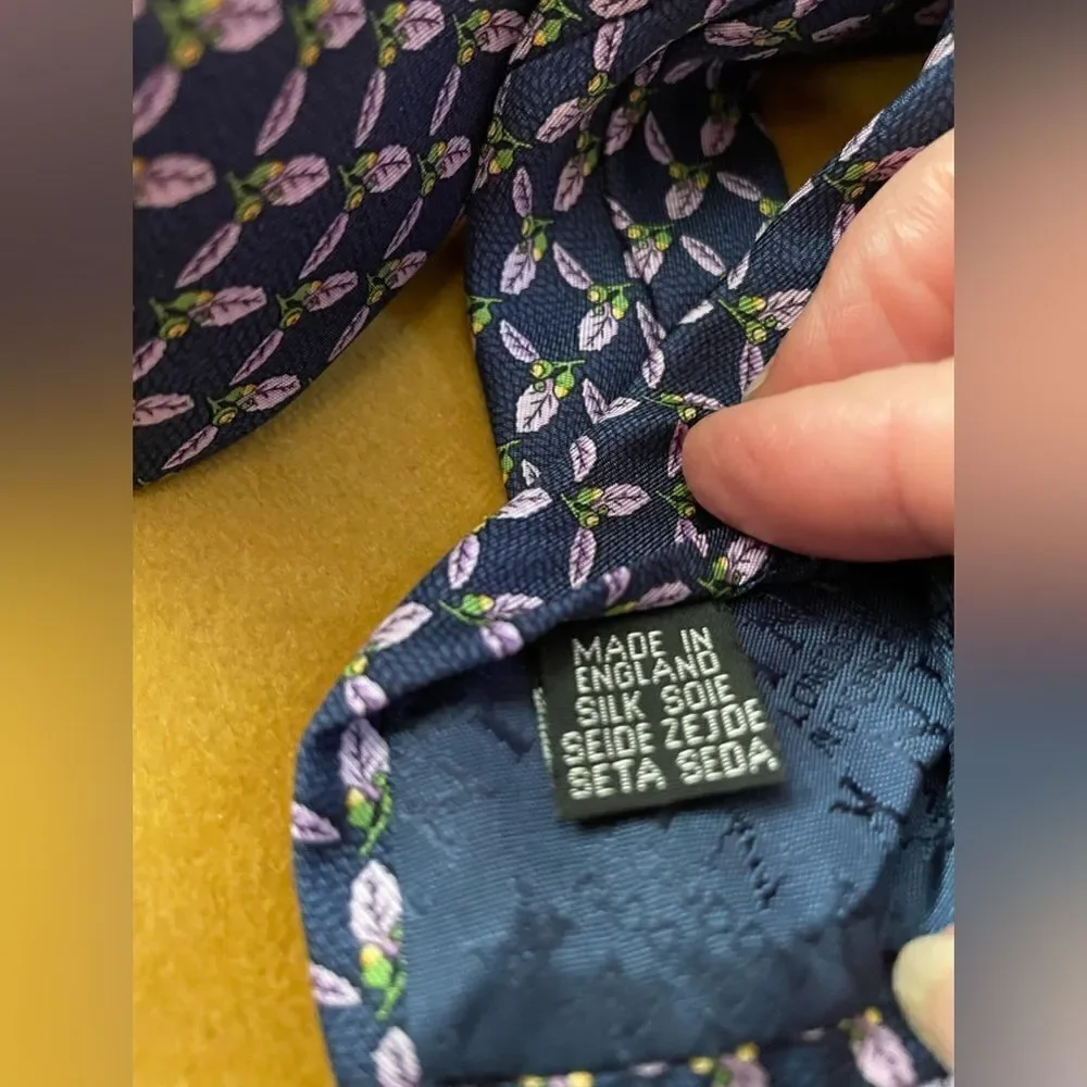 Thomas PINK Blue Silk Neck Tie Purple Leaves